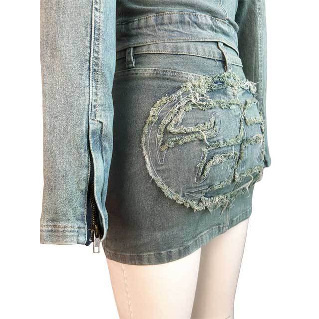 Embroidery Denim Jacket Top Skirt Set