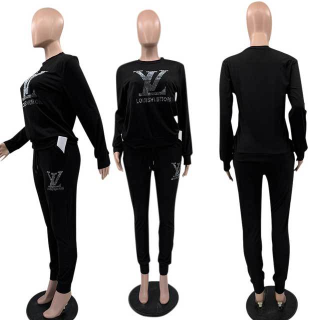 Rhinestones Fall Casual Tracksuit Set