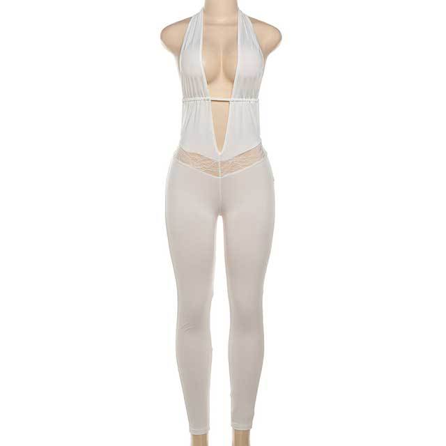 Lace Inset Hollow Out Halter Jumpsuit