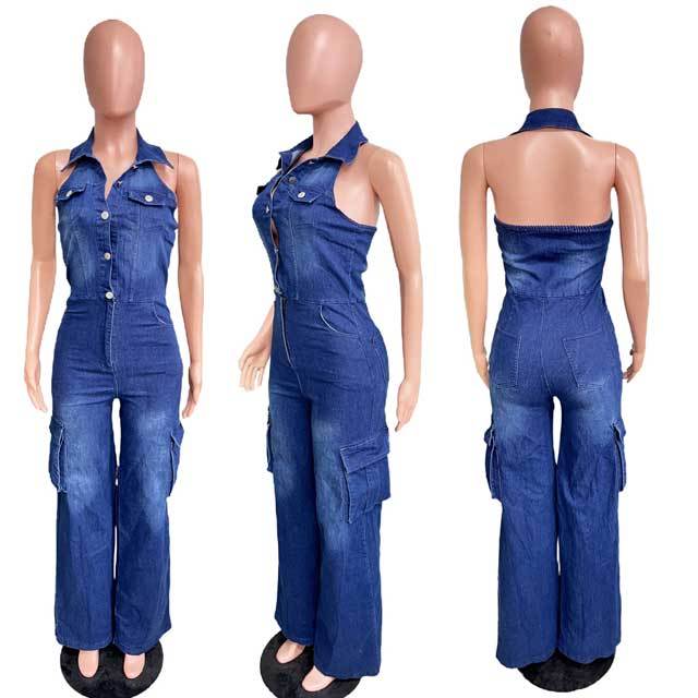 Denim Halter Cargo Jumpsuit