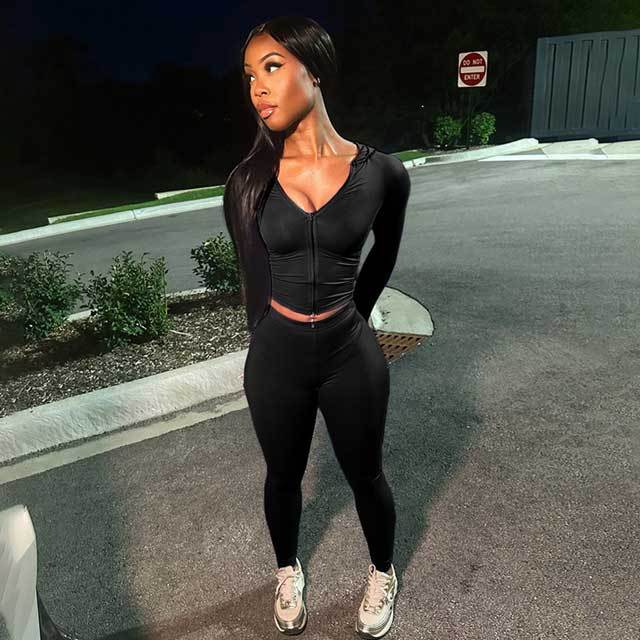 Zipper Hooded Top Skinny Jogging Suit