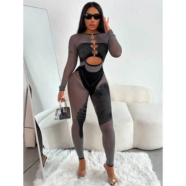 Hollow Out Long Sleeve Fitted Lingerie Jumpsuit