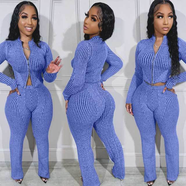 Knit Zipper Top Casual Pants Set