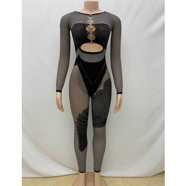 Hollow Out Long Sleeve Fitted Lingerie Jumpsuit