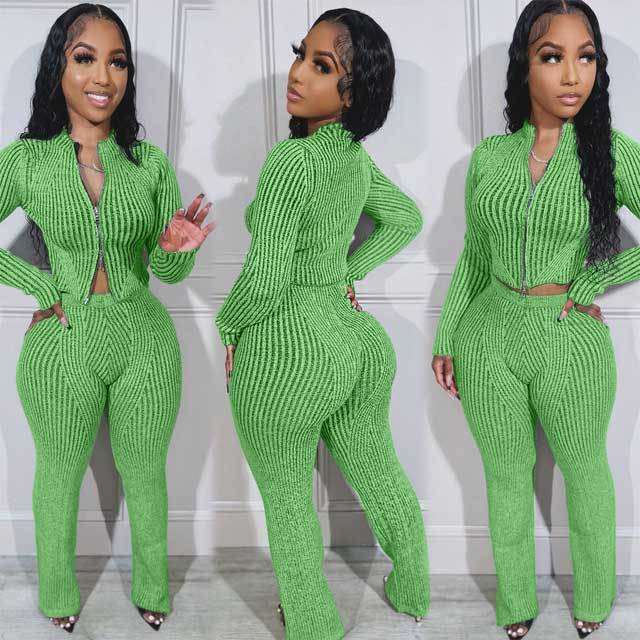 Knit Zipper Top Casual Pants Set