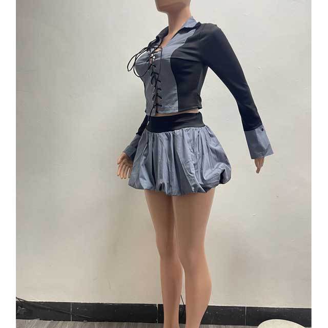 Color Block Lace-Up Shirt Top Bubble Skirt Set