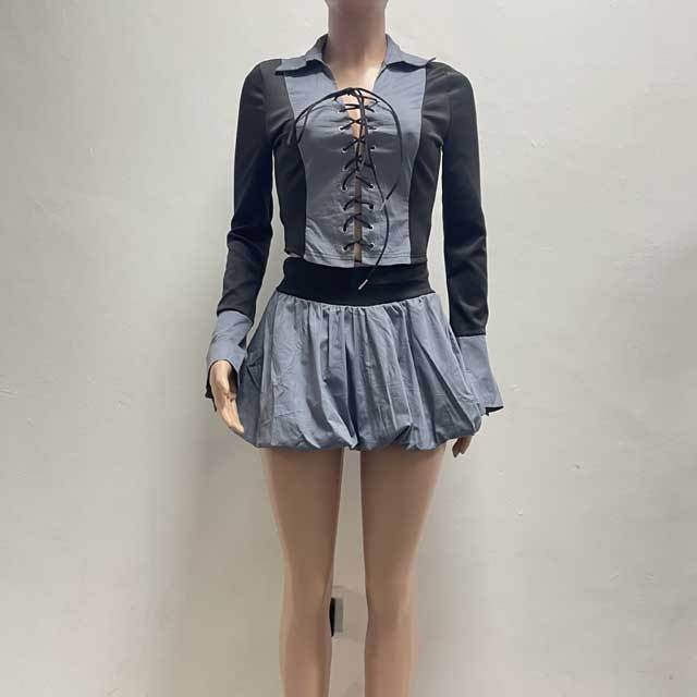 Color Block Lace-Up Shirt Top Bubble Skirt Set