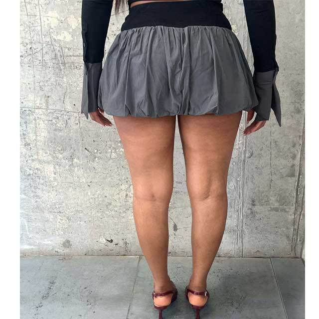 Color Block Lace-Up Shirt Top Bubble Skirt Set