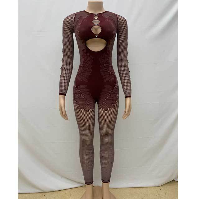 Hollow Out Long Sleeve Lace Lingerie Jumpsuit
