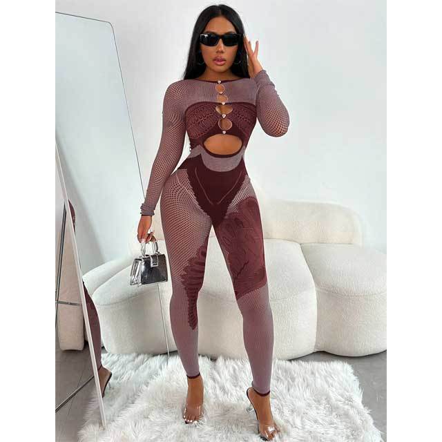 Hollow Out Long Sleeve Fitted Lingerie Jumpsuit