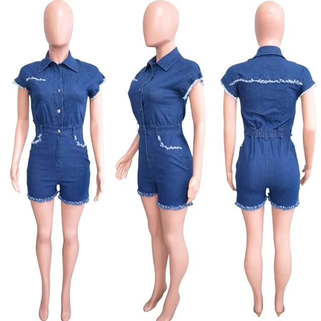 Denim Polo Short Sleeve Romper