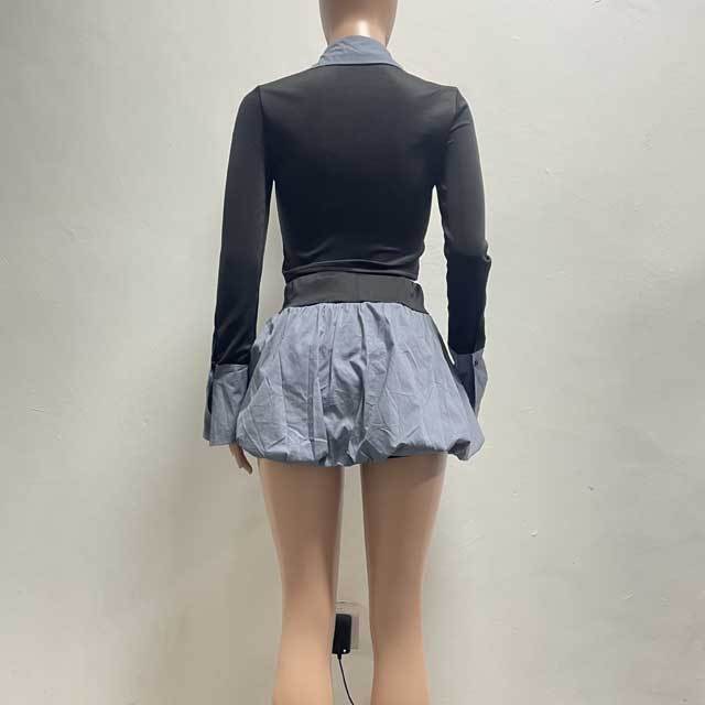 Color Block Lace-Up Shirt Top Bubble Skirt Set