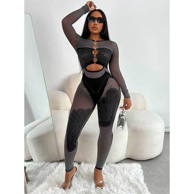 Hollow Out Long Sleeve Fitted Lingerie Jumpsuit