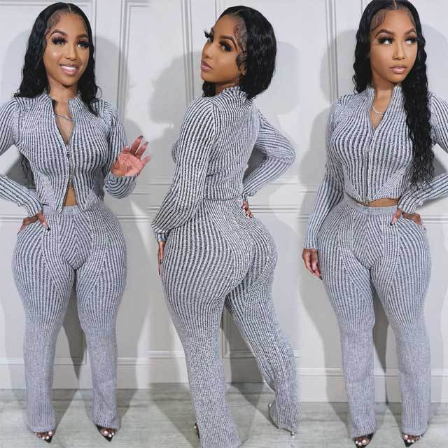 Knit Zipper Top Casual Pants Set