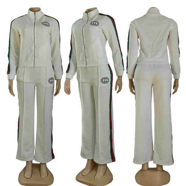 Embroidery Embossing Striped Casual Tracksuit Set