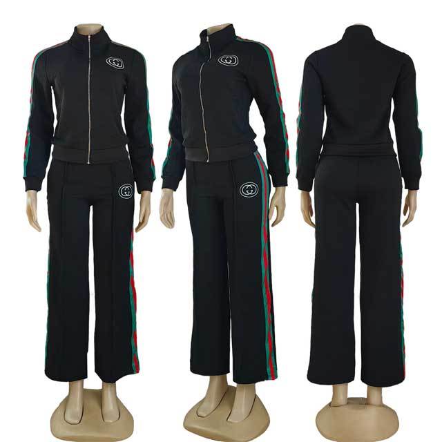 Embroidery Embossing Striped Casual Tracksuit Set