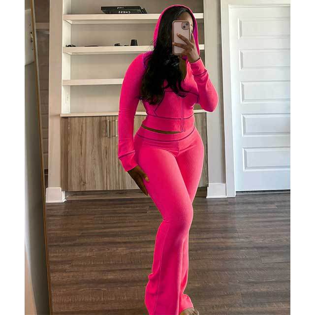 Zipper Hooded Top Casual Fall Pants Suit