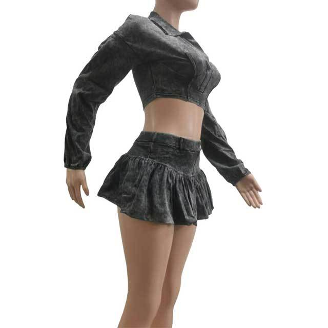 Washed Distressed Polo Top Bubble Skirt Set