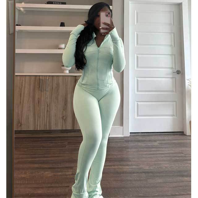 Basic Zipper Top Skinny Jogging Pants Suit