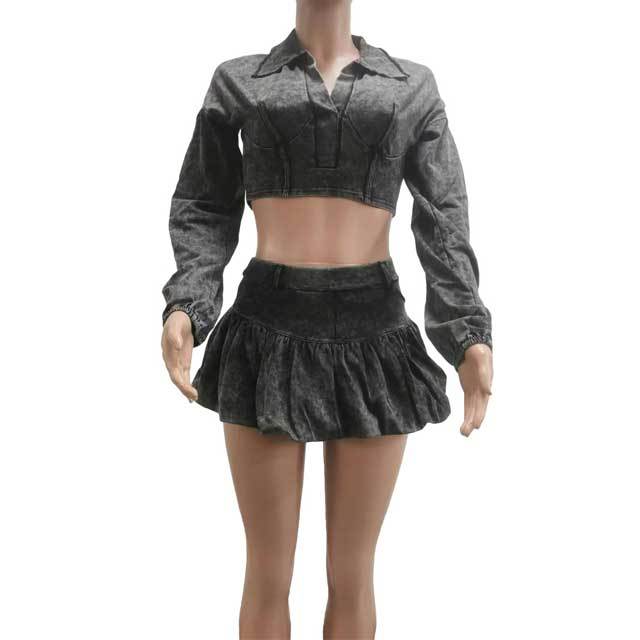 Washed Distressed Polo Top Bubble Skirt Set