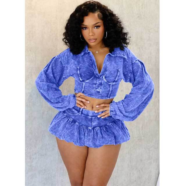 Washed Distressed Polo Top Bubble Skirt Set