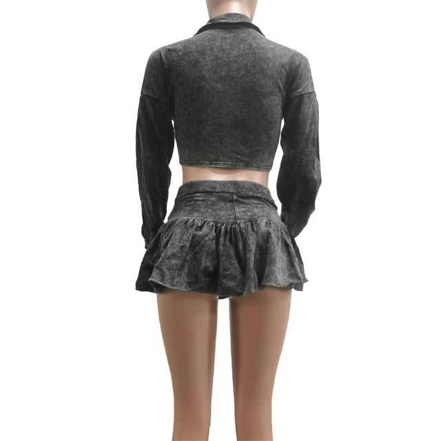 Washed Distressed Polo Top Bubble Skirt Set