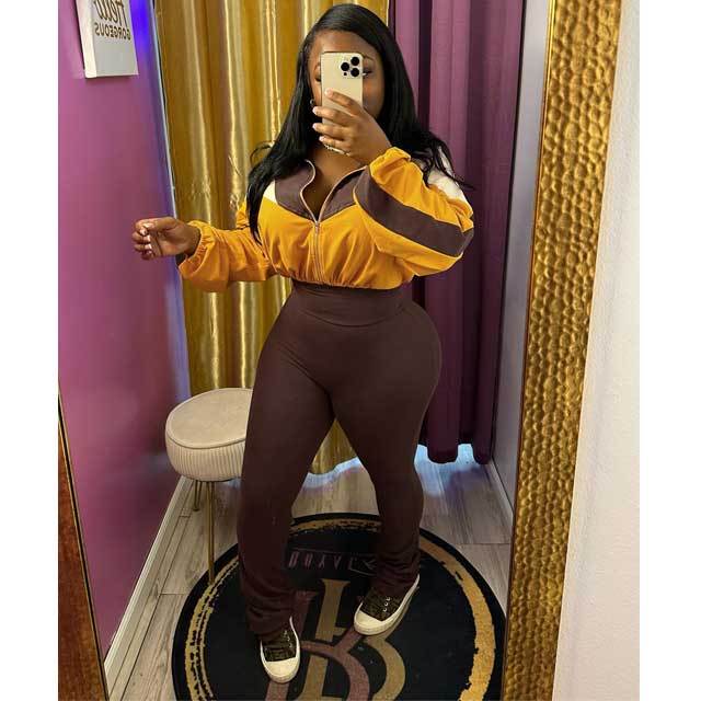 Color Block Drawstring Top Casual Jogging Pants Set