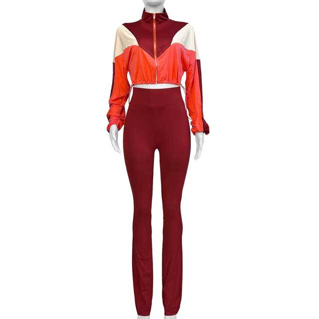 Color Block Drawstring Top Casual Jogging Pants Set