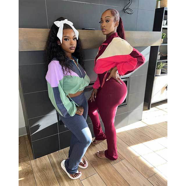 Color Block Drawstring Top Casual Jogging Pants Set
