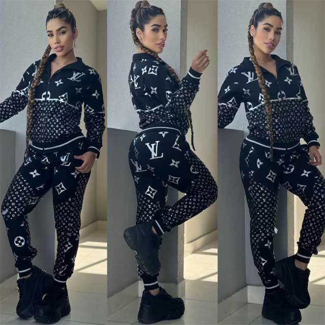Printed Long Sleeve Casual Sporty Pants Suit