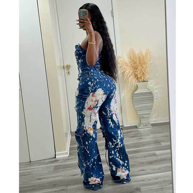 Strapless Tie Dye Denim Cargo Jumpsuit