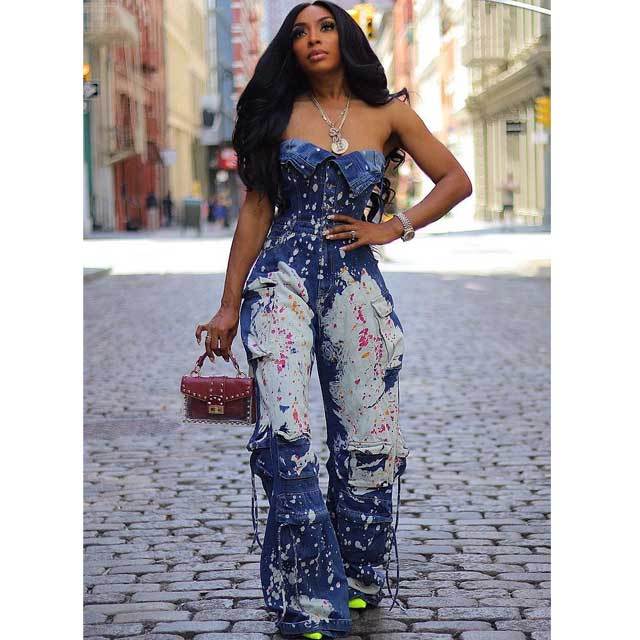Strapless Tie Dye Denim Cargo Jumpsuit
