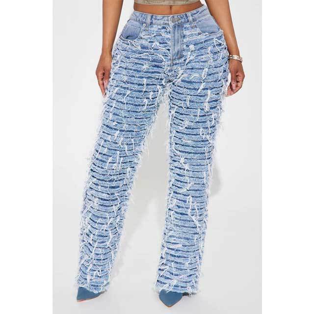 High Waist Ripped Tassel Jeans