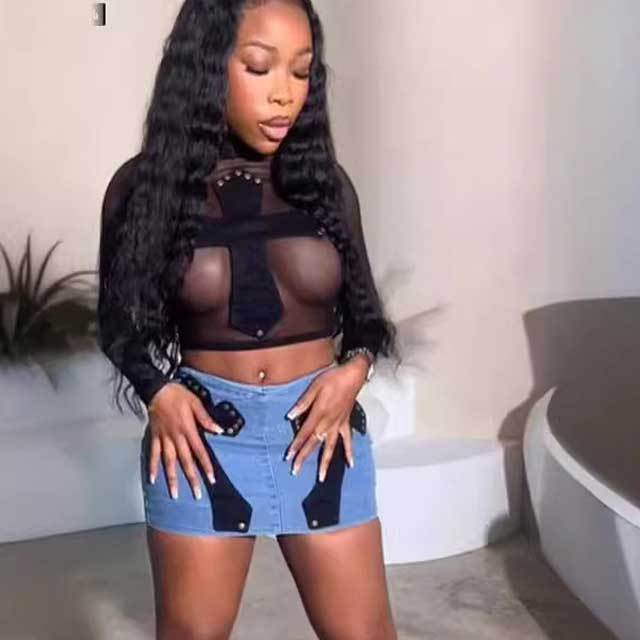 Rivets Mesh Top Skirt Set