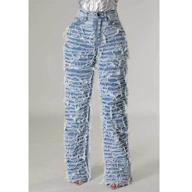 High Waist Ripped Tassel Jeans