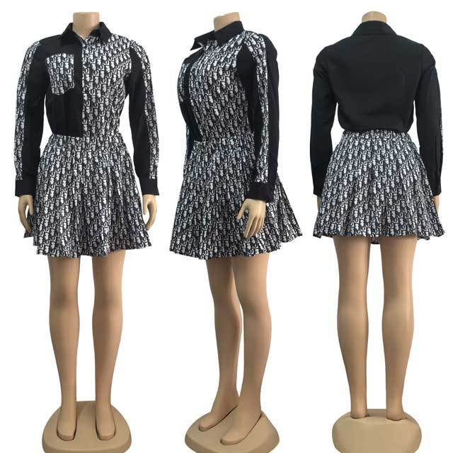 Printed Shirt Top Pleated Skirt Set