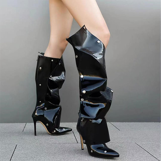 Metal Rivet High Heel Stacked Knee Boot