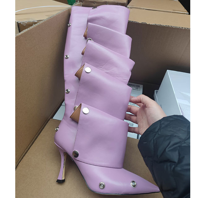 Metal Rivet High Heel Stacked Knee Boot