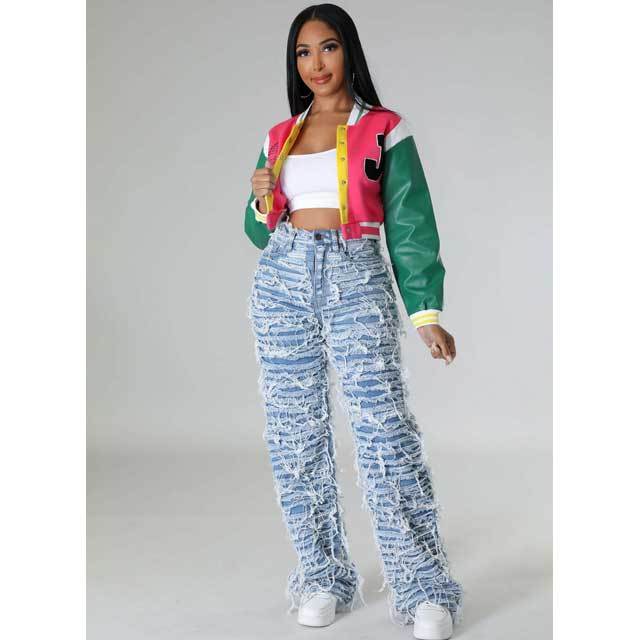 High Waist Ripped Tassel Jeans