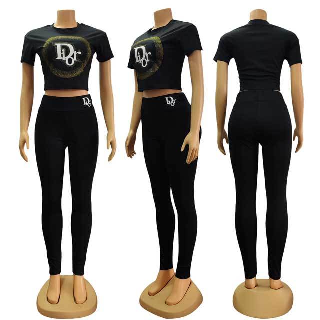 Rhinestones Short Sleeve Casual Jogging Suit