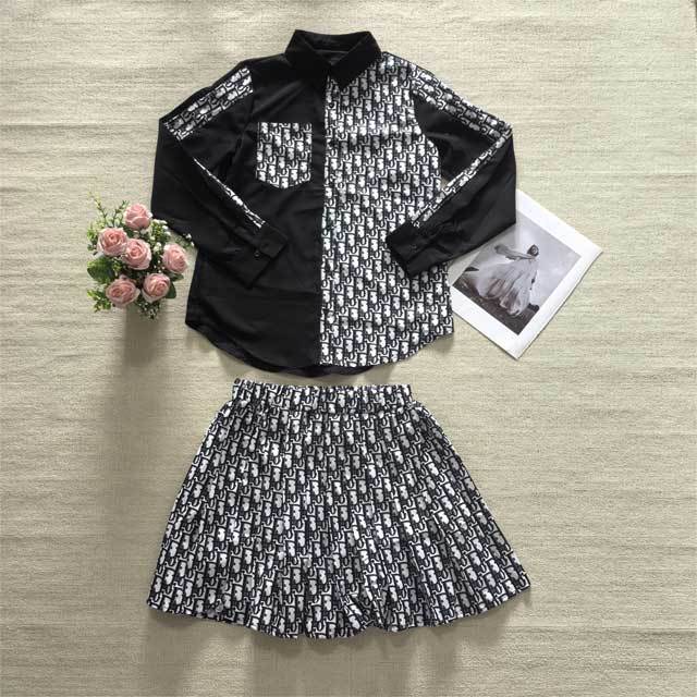 Printed Shirt Top Pleated Skirt Set