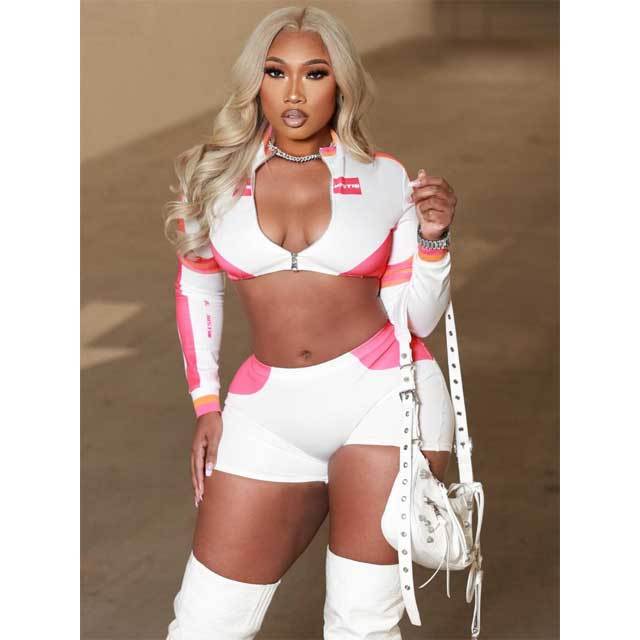 Printed Zipper Top Fitted Short Set