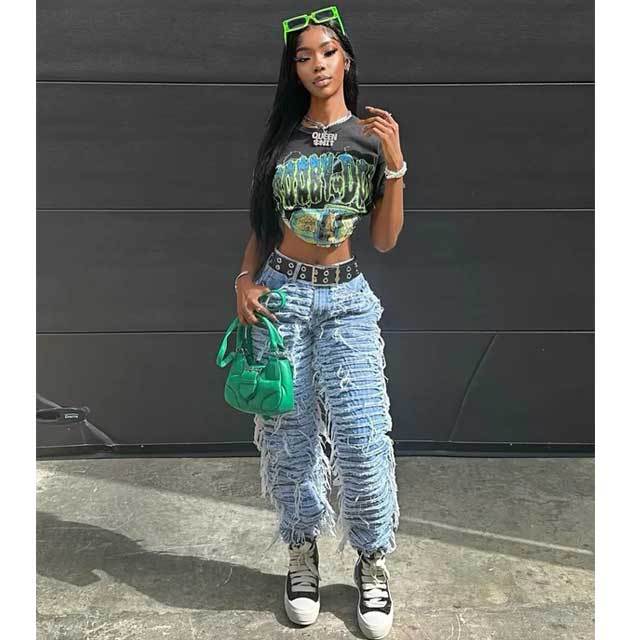 High Waist Ripped Tassel Jeans