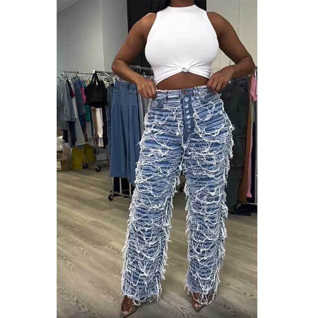 High Waist Ripped Tassel Jeans