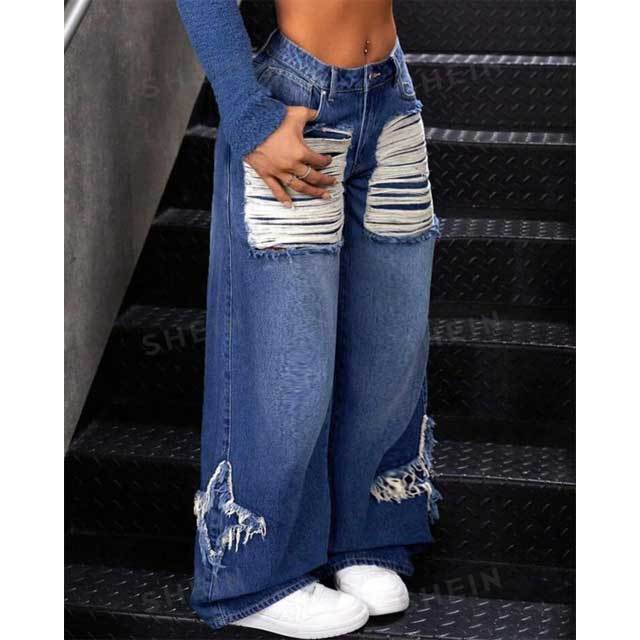 Ripped Patchwork Wide Leg Boyfriend Jeans
