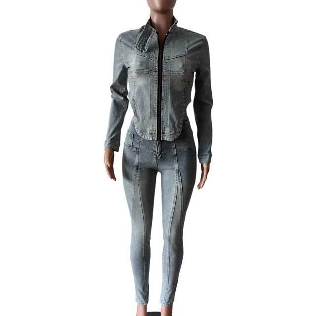 Denim Vintage Irregular Jacket Top Jeans Set
