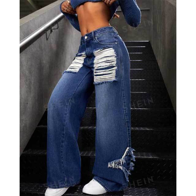 Ripped Patchwork Wide Leg Boyfriend Jeans
