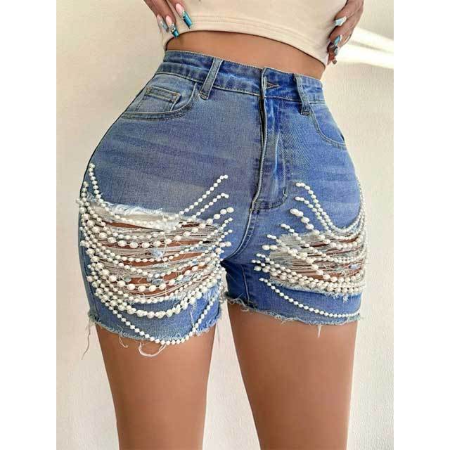 Pearl Embellished High Waist Ripped Denim Shorts