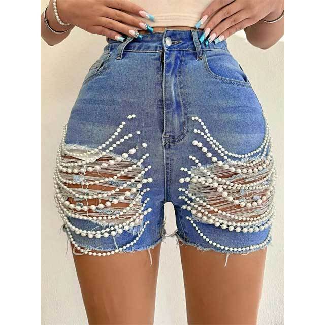 Pearl Embellished High Waist Ripped Denim Shorts