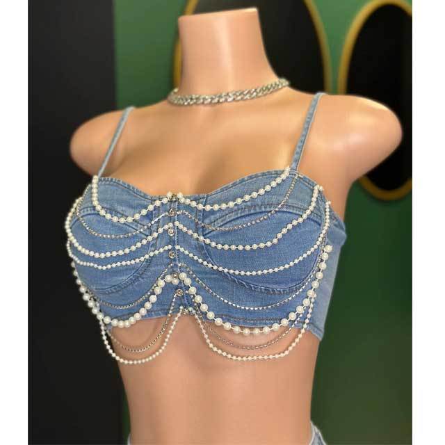 Pearl Rhinestones Embellished Denim Short Set